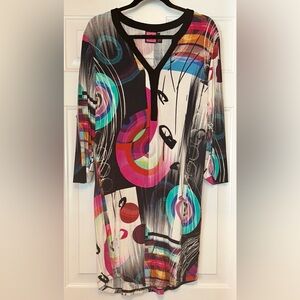 Simon Chang Circle Tunic Dress Vintage Size XL Black Pink V-Neck Colorful